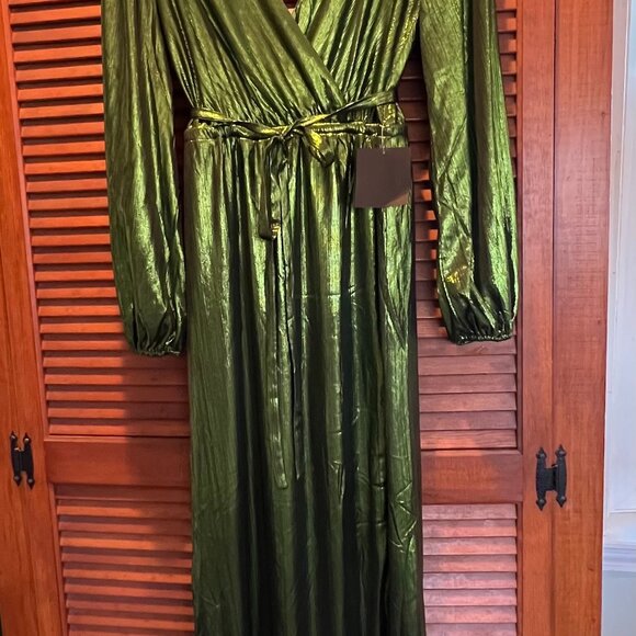 Extra Aesthetic Green Metallic Long Sleeve Surplice Maxi Dress - Size M - nwt - Picture 5 of 5